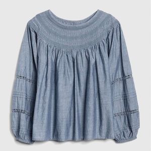 Gap Smocked Boho Lace Peasant Blouse Chambray Blue
